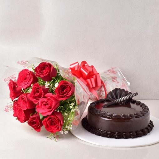 Chocolate Truffle Cake with 10 Red Roses