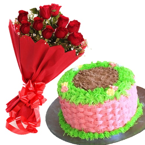 1kg Basket Cake With 15 Roses