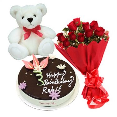 cake with 12 roses, teddy bear