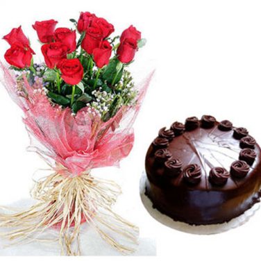 Cake With 10 Red Rose Bunch