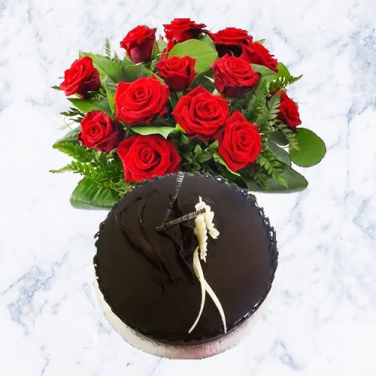 chocolate cake with 20 red roses