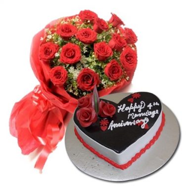 Chocolate Truffle Eggless Cake With 15 Red Rose Bunch