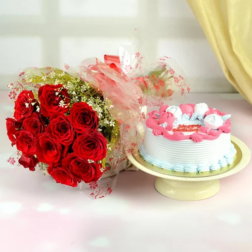 vanilla cake with red roses bouquet