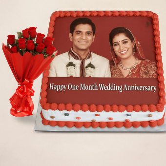 one month wedding anniversary cake with red roses bouquet
