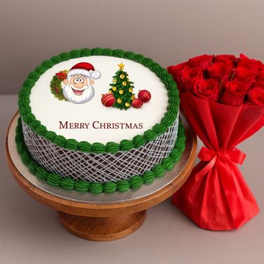 christmas cake with red roses bouquet