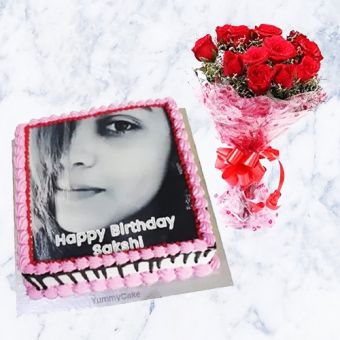 photo cake with flower bouquet