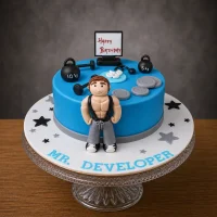 Blue fondant cake featuring a 3D muscular man figurine, kettlebells, weight plates, and Mr. Developer text.