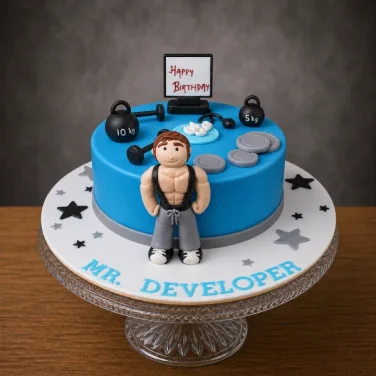 Blue fondant cake featuring a 3D muscular man figurine, kettlebells, weight plates, and Mr. Developer text.