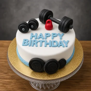 White cake with blue Happy Birthday letters, a red kettlebell, and fondant weight training equipment.