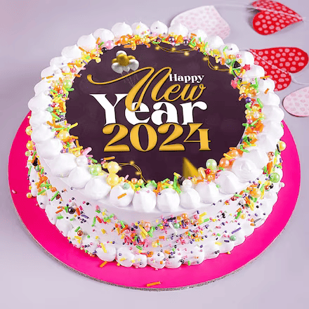 A colorful New Year 2024 celebration cake with white frosting and sprinkles on a pink base.