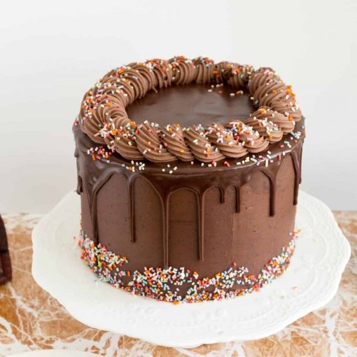 luscious chocolate drip cake with sprinkles