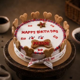 bone love celebration cake with dog biscuit