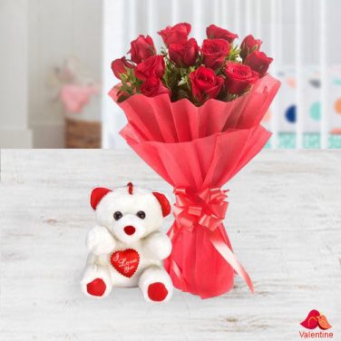 10 roses bouquet with small teddy bear