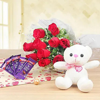 10 roses with 5 chocolates and teddy bear