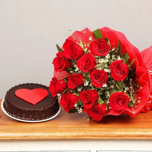 half kg chocolate cake with 10 roses bouquet