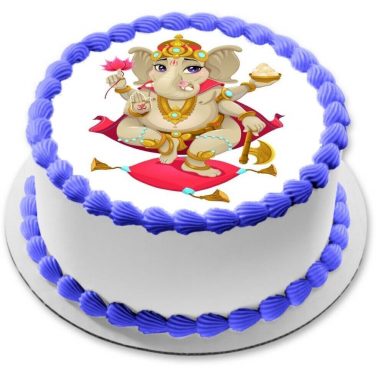 a cake with ganesh photo on the top