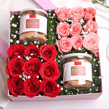 red and pink roses and cookies boxes