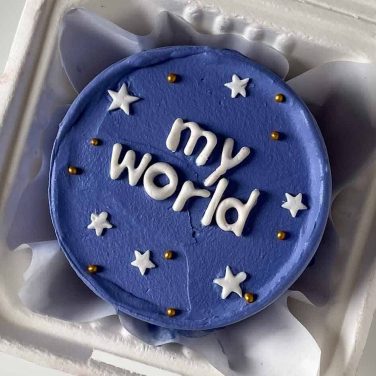 A round blue color bento cake with stars and my world written over it in white color.