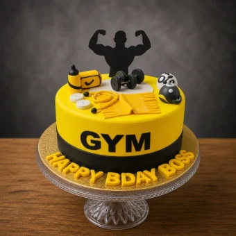Yellow and black fitness cake featuring a bodybuilder silhouette, fondant gym bag, towel, and weights.