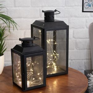 Set of 2 Iron Lantern and Candle Tealight Holder for Home Decor Items With 50 Warm White LEDs