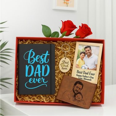 Gift hamper for Father's Day featuring a "Best Dad Ever" notebook, personalized photo frame, leather wallet, keychain, and roses in a red box.