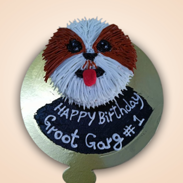 3D dog face birthday cake custom message written on the base, perfect for pet celebrations.