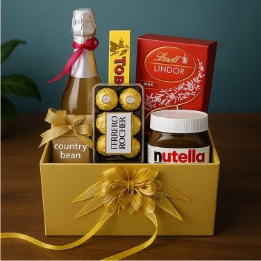 Father’s Day chocolate gift hamper featuring Nutella, Ferrero Rocher, Lindt, Toblerone, and Country Bean in a yellow gift box with ribbon.