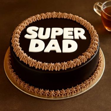 Chocolate cake with “Super Dad” on top
