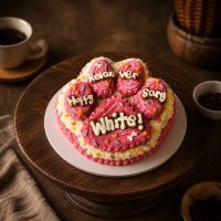 Pink and white paw-shaped dog birthday cake with a message and colorful star sprinkles