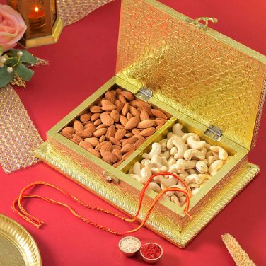 Golden Rakhi Gift Box with Almonds & Cashews