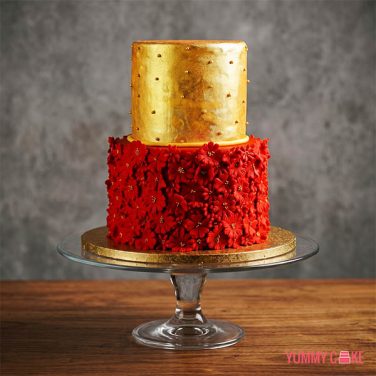 2 Tier Red and Gold Floral Wedding Cake