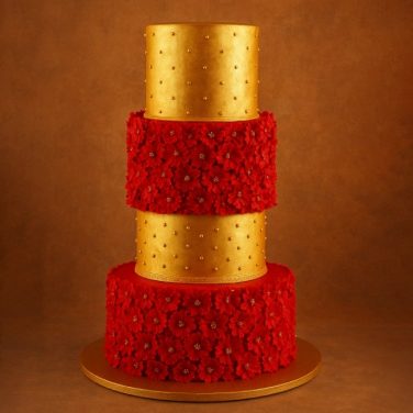 4 tier red and gold floral wedding cake
