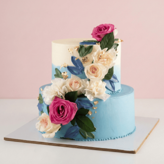 blue floral two tier wedding cake