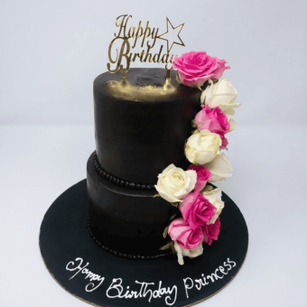 2 tier black floral birthday cake