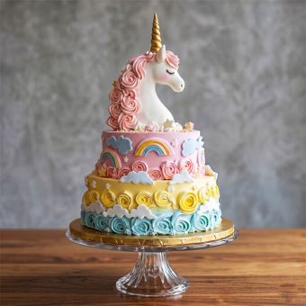 2-tier sculpted unicorn bust cake side view