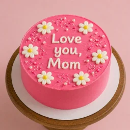 Pink minimalist cake with "Love you, Mom" text and daisy flowers