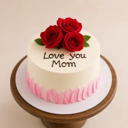 White cake with red roses on top and "Love you Mom" chocolate text