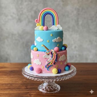 tiered sky & rainbow unicorn cake