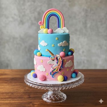 tiered sky & rainbow unicorn cake