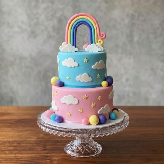 tiered sky & rainbow unicorn cake back view