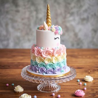 two-tier unicorn rosette cake back view