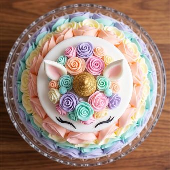two-tier unicorn rosette cake top view