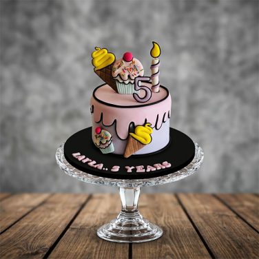 2D cartoon style pink drip cake with ice cream and cupcake toppers.