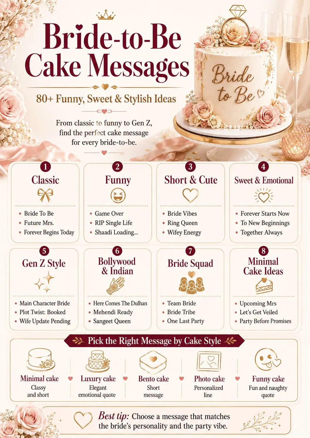 bride to be cake messages infographic