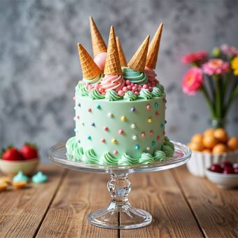 Mint green cake decorated with colorful sprinkles and upside-down waffle cones.