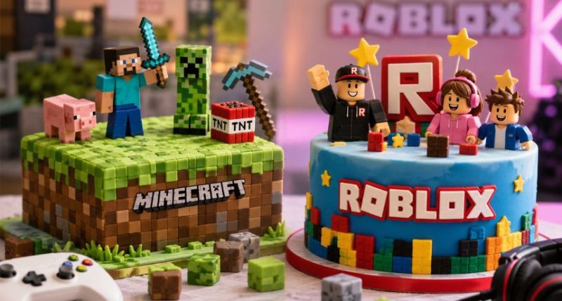 top minecraft and roblox cake